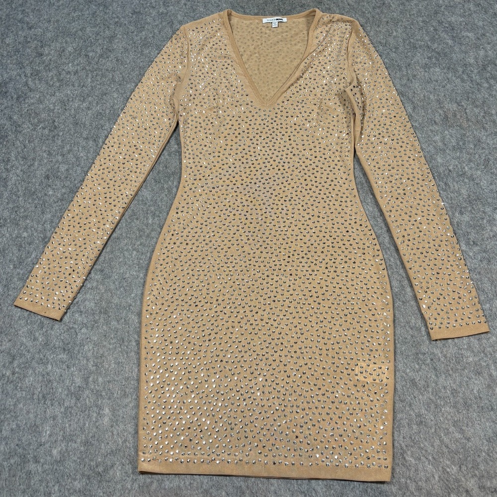 Fashion Nova Bodycon Dress Women's Size Medium Tan Long Sleeve Diamond Beaded